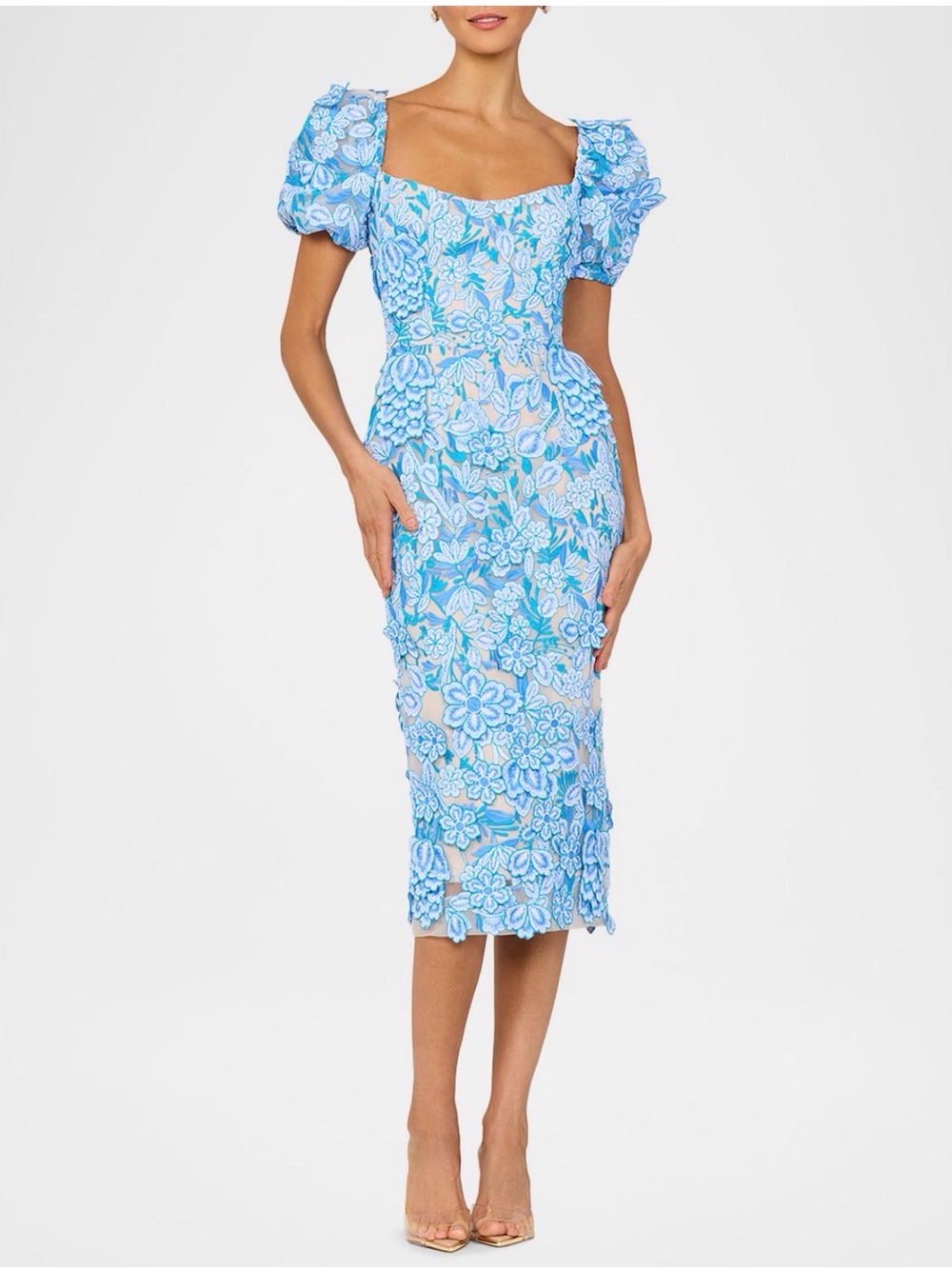 HELSI Lucia Blue Floral Appliqué Wedding Guest Midi Dress w/ Puff Sleeves Large